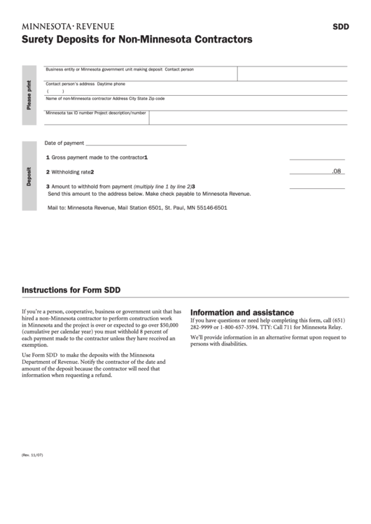 Form Sdd - Surety Deposits For Non-Minnesota Contractors Form - Minnesota Revenue Printable pdf