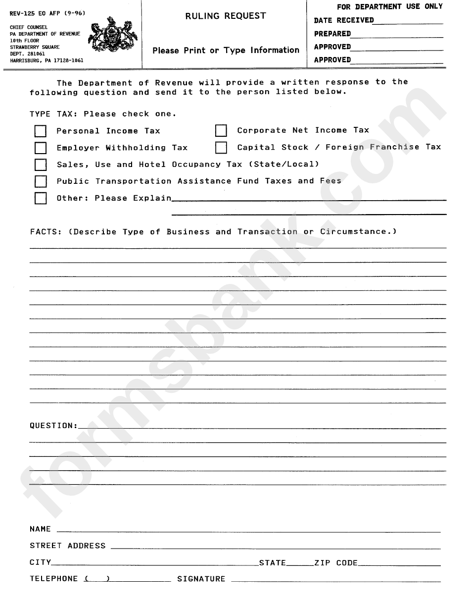 Form Rev-125 - Ruling Request September 1996