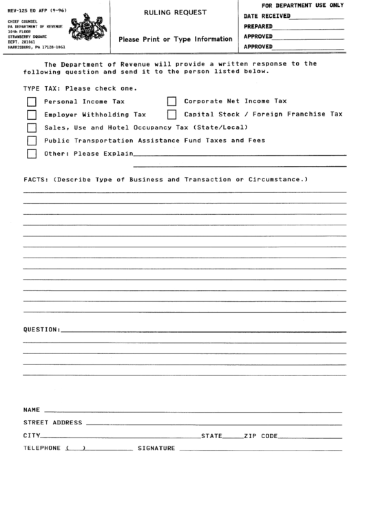 Form Rev-125 - Ruling Request September 1996 Printable pdf