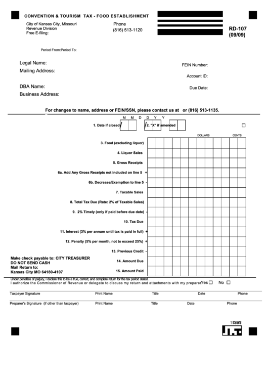 Fillable Form Rd-107 - Convention & Tourism Tax - Food Establishment - City Of Kansas City - Missouri Printable pdf