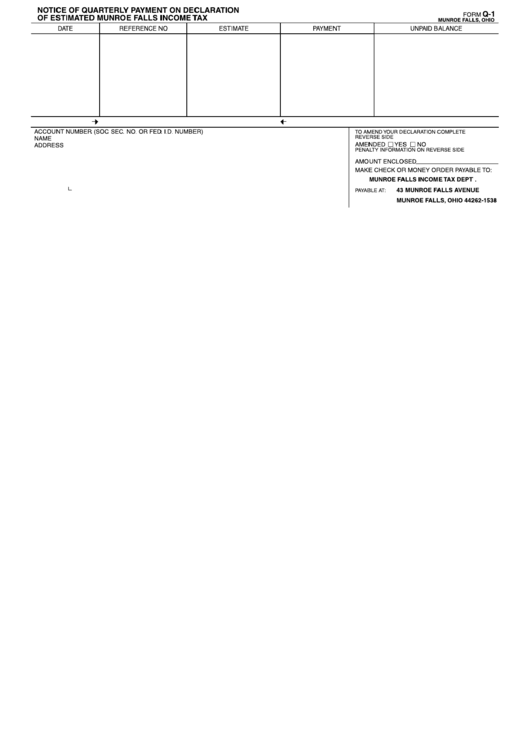 Form Q-1 - Notice Of Quarterly Payment On Declaration Of Estimated Munroe Falls Income Tax Printable pdf