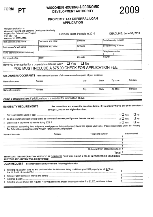 Form Pt - Property Tax Deferral Loan Application Form - Wisconsin Housing & Economic Development Authority Printable pdf