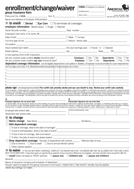Fillable Enrollment/change/waiver Group Insurance Form Printable pdf