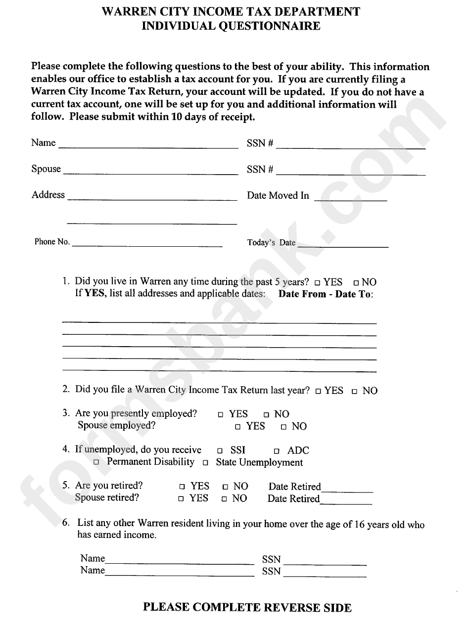 Individual Questionnaire Form - Warren City Income Tax Department - Ohio