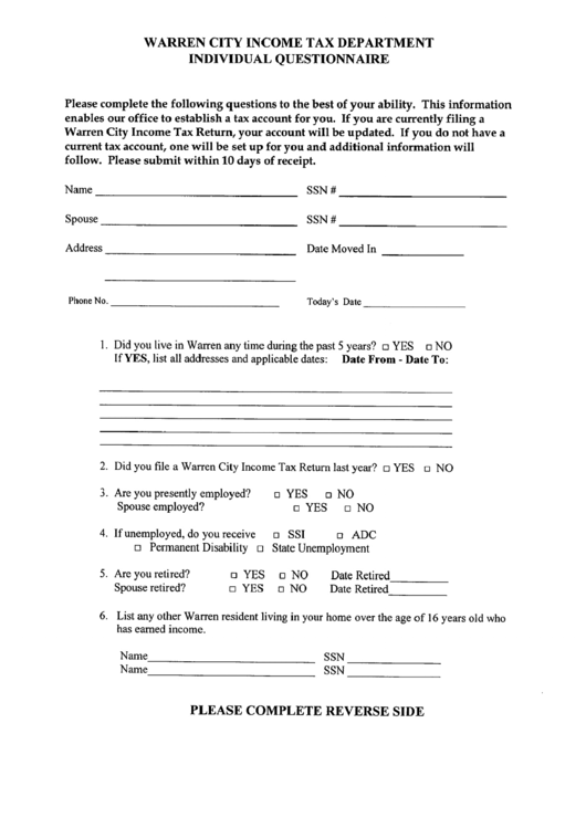 Individual Questionnaire Form - Warren City Income Tax Department - Ohio Printable pdf