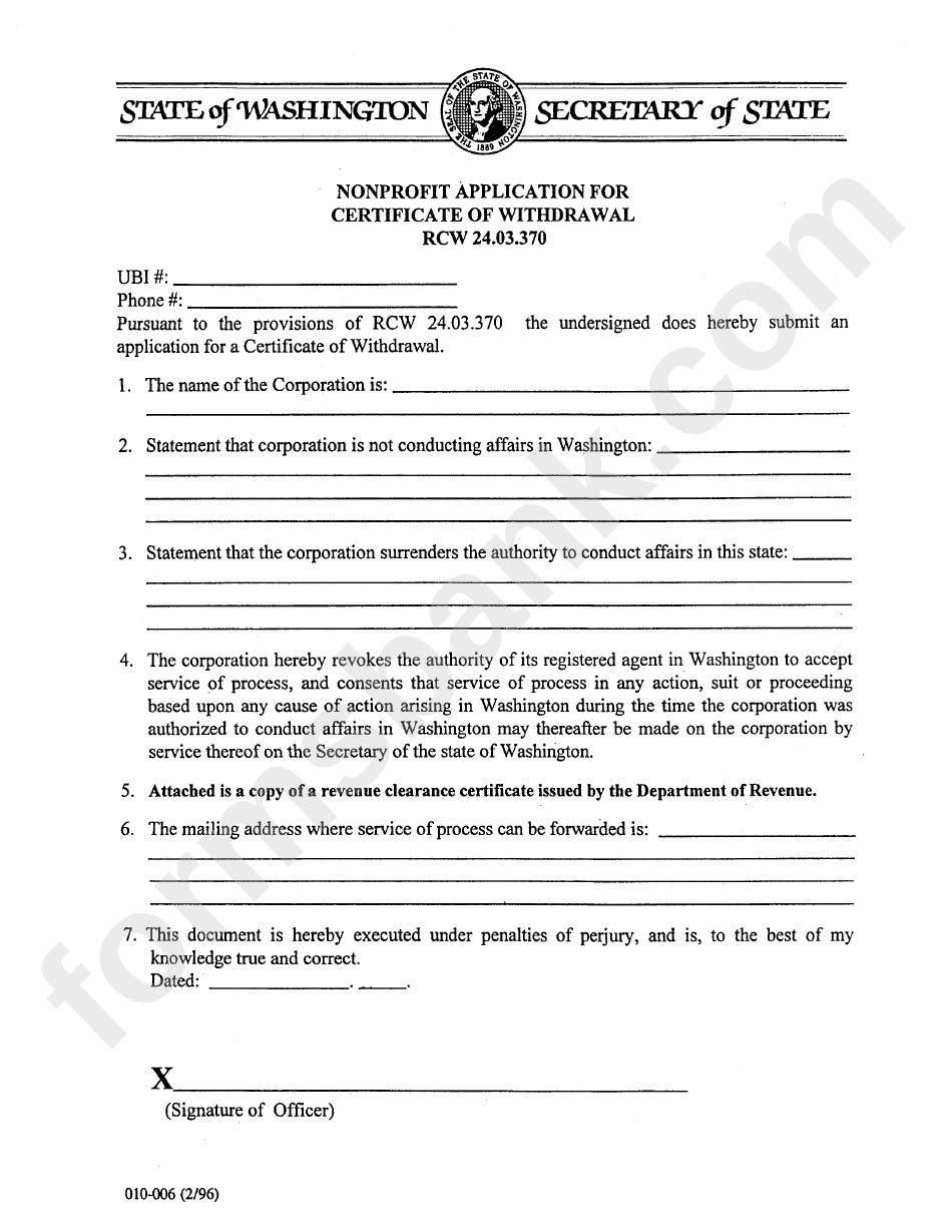 Form 010-006 - Nonprofit Application For Certificate Of Withdrawal February 1996