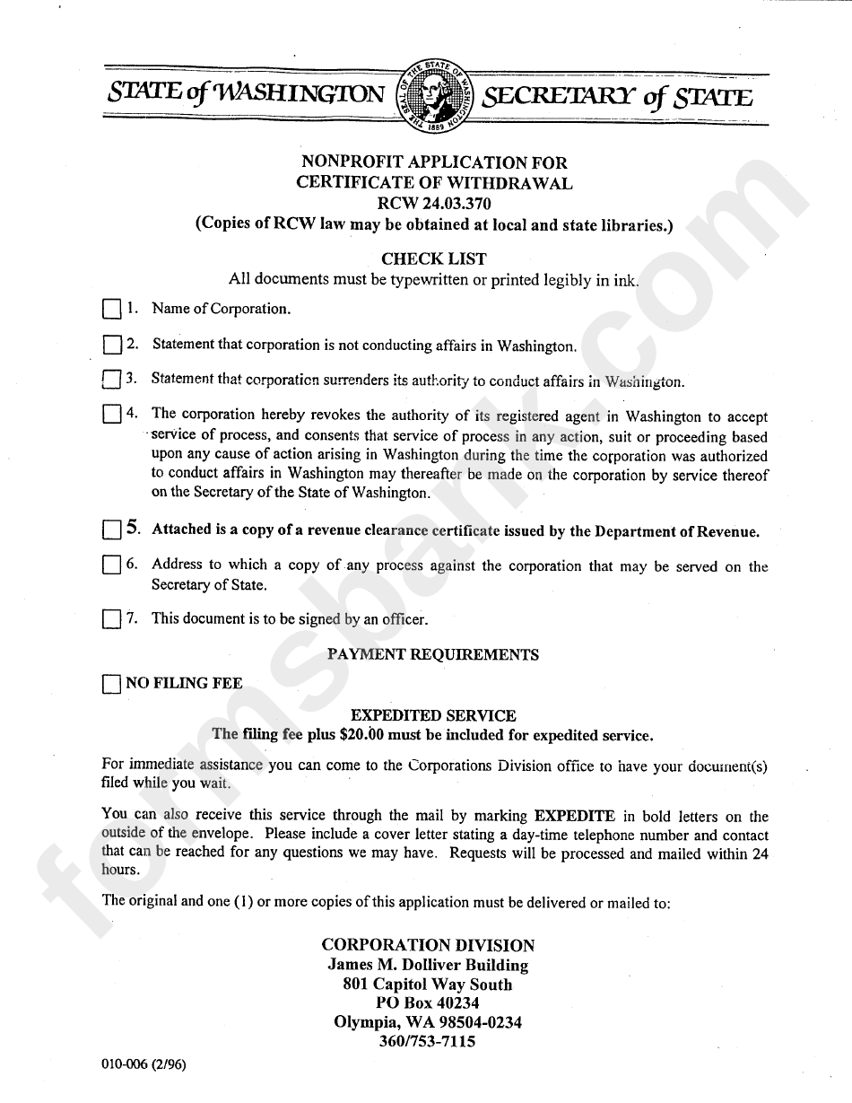 Form 010-006 - Nonprofit Application For Certificate Of Withdrawal February 1996