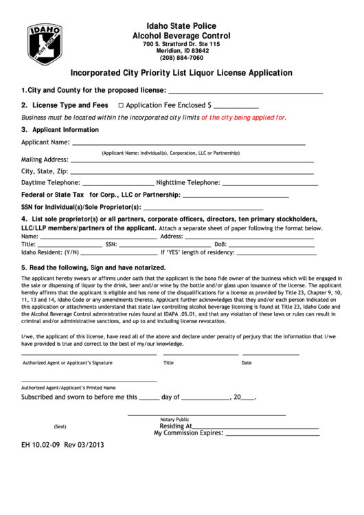 Incorporated City Priority List Liquor License Application Form - Alcohol Beverage Control -idaho State Police