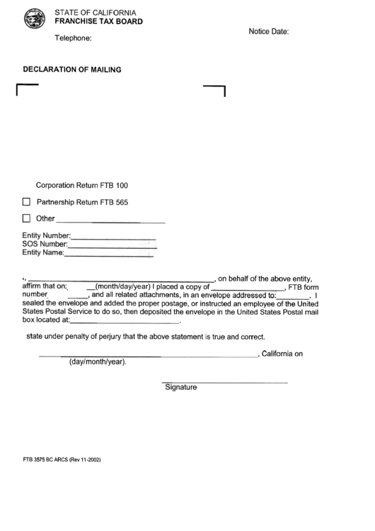 Form Ftb 3575 Bc Arcs - Franchise Tax Board - Declaration Of Mailing November 2002 Printable pdf