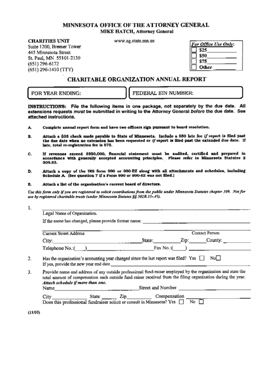 Charitable Organization Annual Report Form - Minnesota Office Of The Attorney General - Minnesota Printable pdf