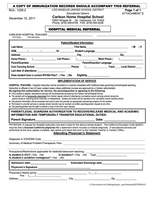 Hospital Medical Referral Form Printable pdf