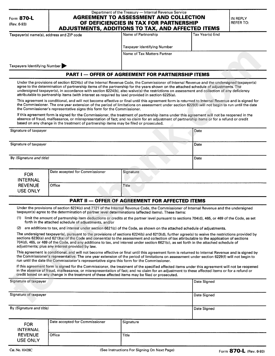 Form 870-L -Agreement To Assessment And Collection June 1993