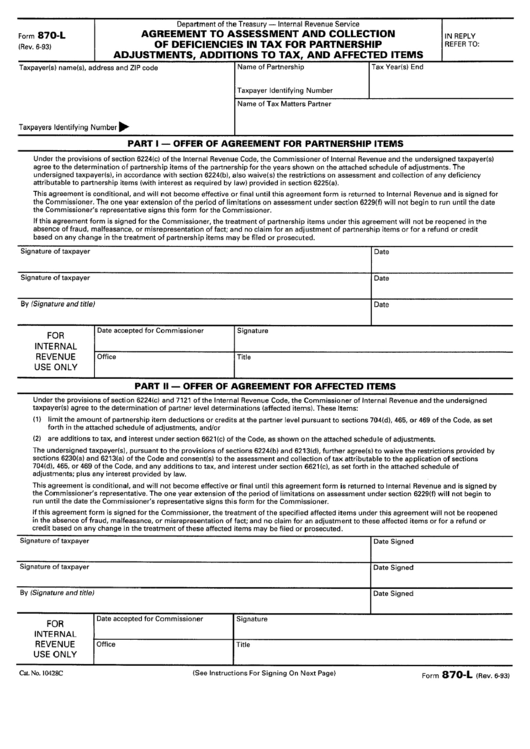 Form 870-L -Agreement To Assessment And Collection June 1993 Printable pdf
