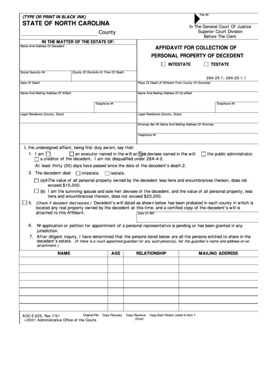Fillable Form Aoc-E-203 - Affidavit For Collection Of Personal Property Of Decedent Printable pdf