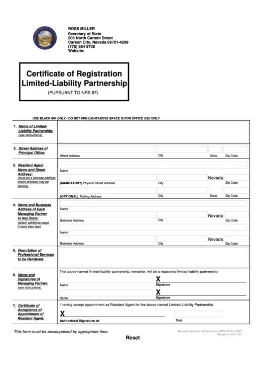 Fillable Form Nrs 87 - Certificate Of Registration Limited-Liability Partnership January 2007 Printable pdf