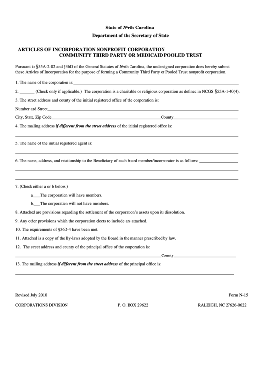 Form N-15 - Articles Of Incorporation Nonprofit Corporation Community Third Party Or Medicaid Pooled Trust Printable pdf