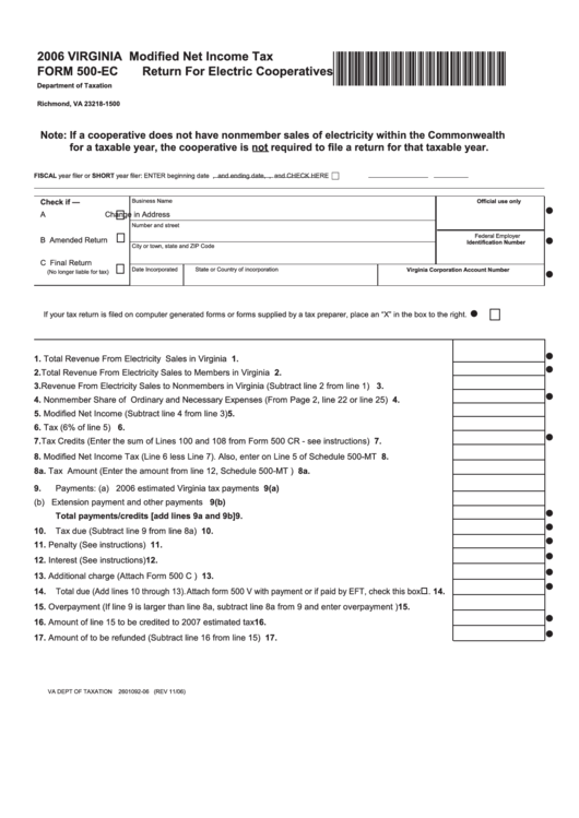 Form 500-Ec - Modified Net Income Tax Return For Electric Cooperatives 2006 Printable pdf