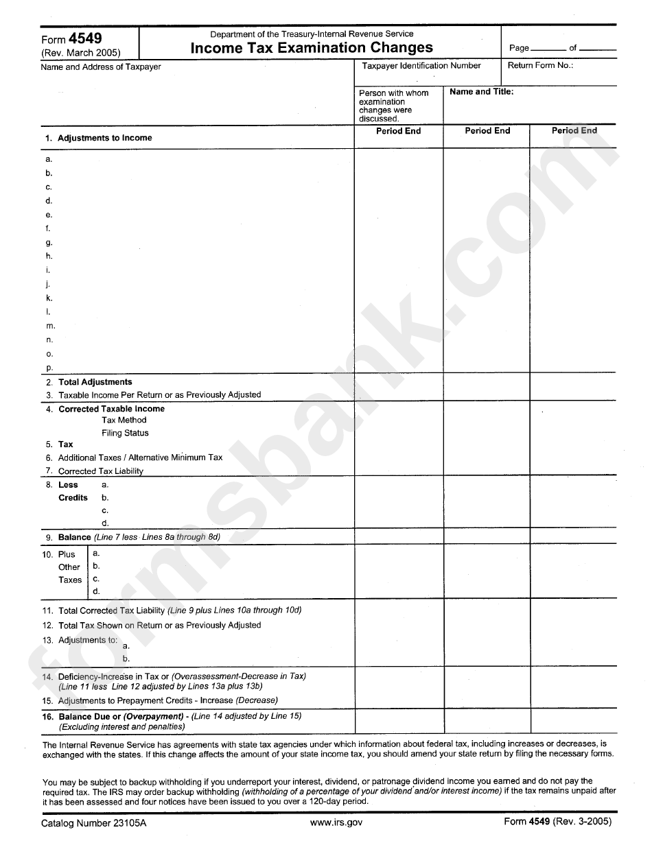 Form 4549 - Income Tax Examination Changes March 2005