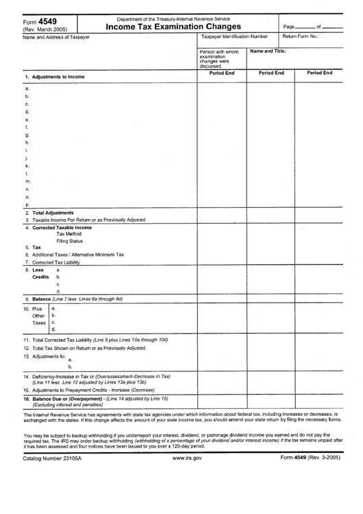 Form 4549 - Income Tax Examination Changes March 2005 Printable pdf