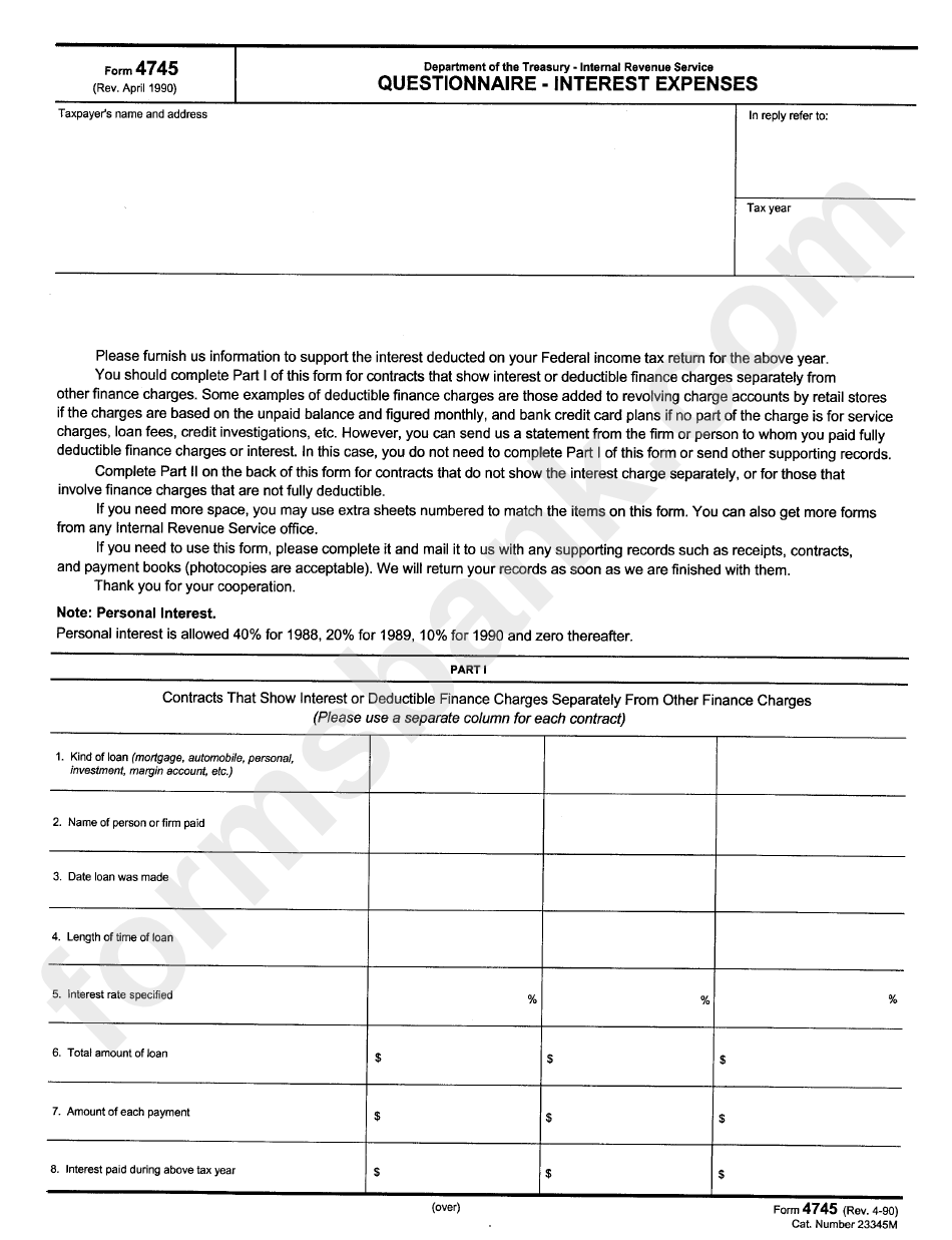 Form 4745 - Questionnaire - Interest Expenses April 1990