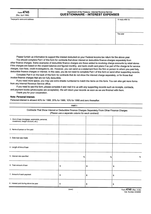 Form 4745 - Questionnaire - Interest Expenses April 1990 Printable pdf