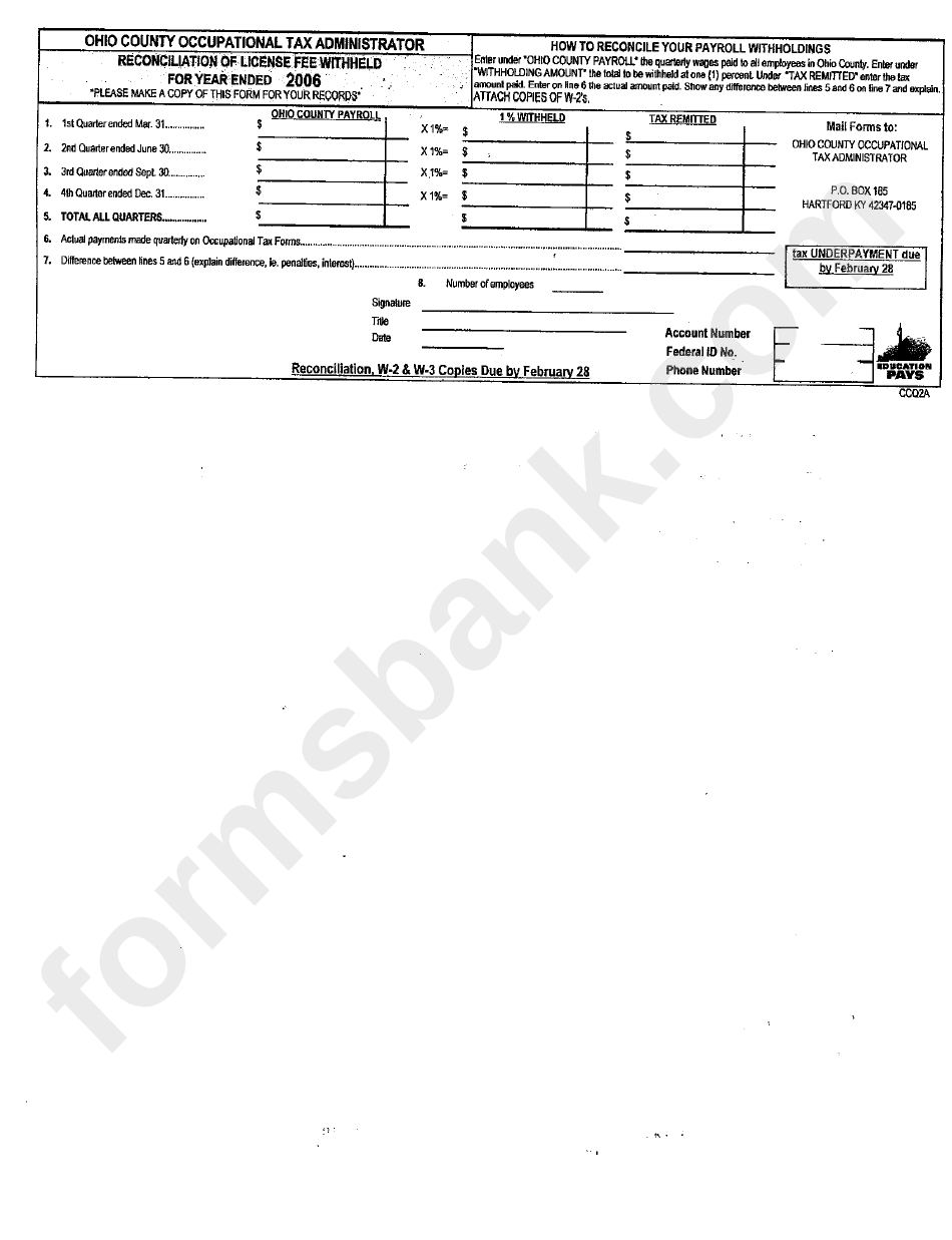 Form Ccq2a - Reconciliation Of License Fee Withheld 2006