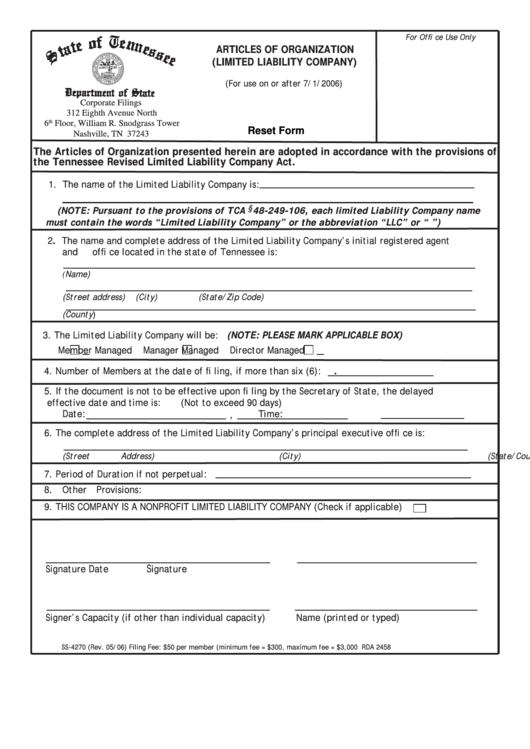 Fillable Form Ss-4270 - Articles Of Organization (Limited Liability Company) 2006 Printable pdf