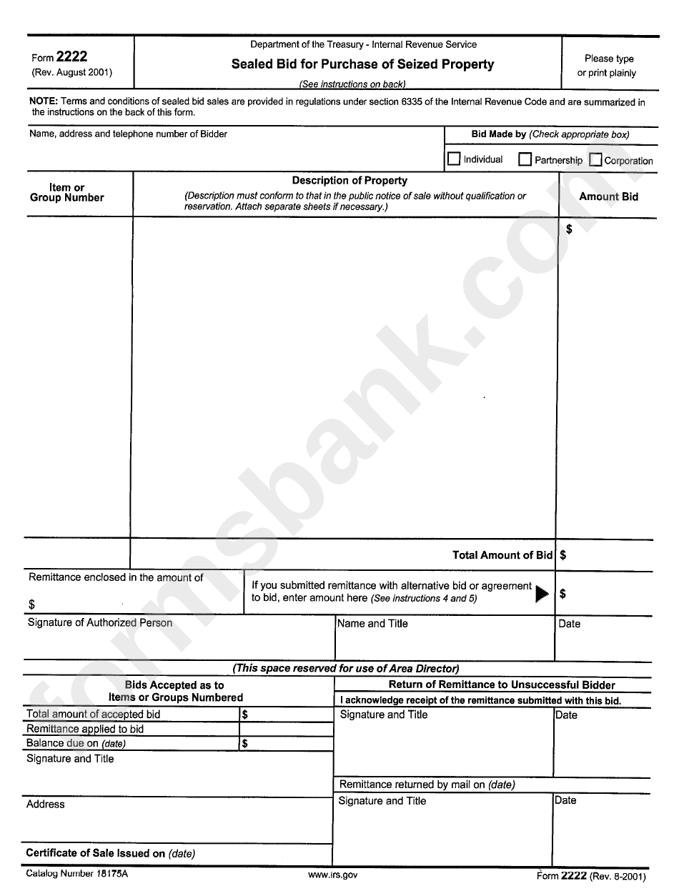 Form 2222 - Sealed Bid For Purchase Of Seized Property
