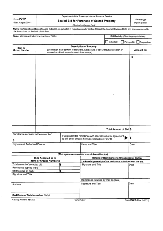 Form 2222 - Sealed Bid For Purchase Of Seized Property Printable pdf
