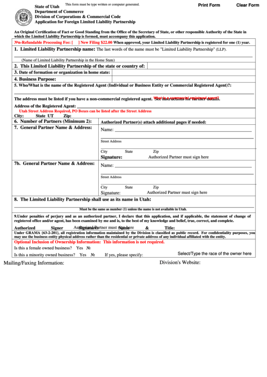 Fillable Application For Foreign Limited Liability Partnership - Utah Department Of Commerce Printable pdf