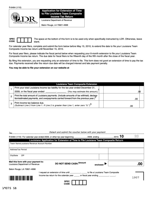 Form R-6464 - Application For Extension Of Time To File Louisiana Team Composite Income Tax Return Printable pdf