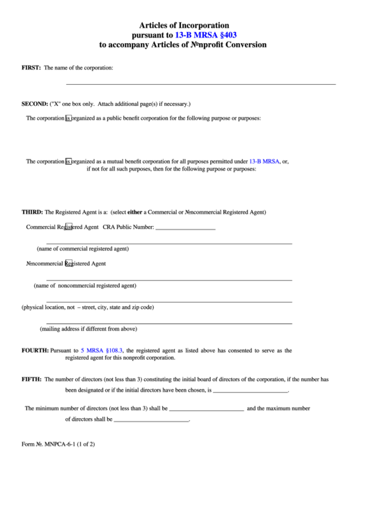 Fillable Form Mnpca-6-1 - Articles Of Incorporation Pursuant To 13-B Mrsa To Accompany Articles Of Nonprofit Conversion Printable pdf