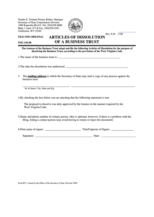 Fillable Form Bt-3 - Articles Of Dissolution Of A Business Trust Printable pdf