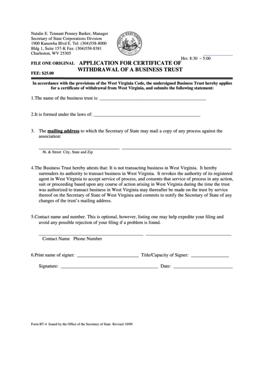 Fillable Form Bt-4 - Application For Certificate Of Withdrawal Of A Business Trust Printable pdf
