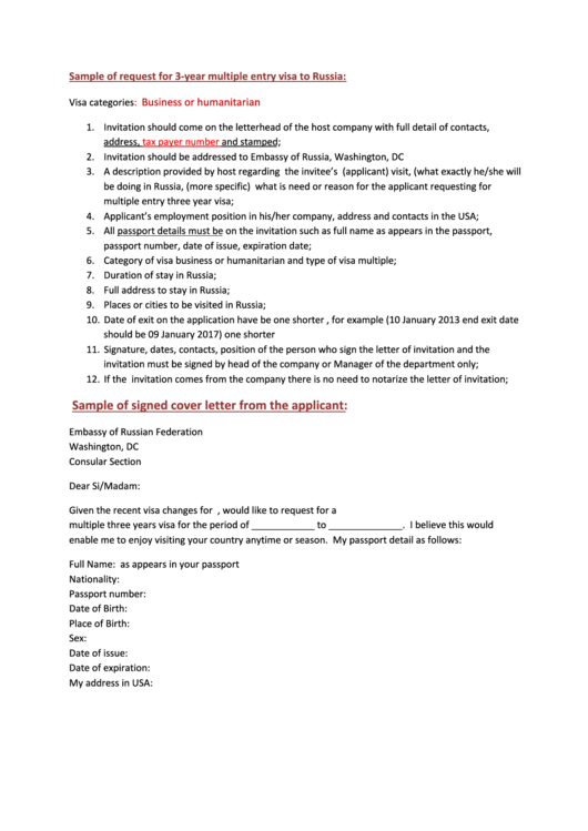 Sample 3-Year Multiple Entry Russian Visa Request Letter Printable pdf