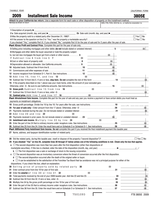 Fillable Form Ftb 3805e - Installment Sale Income - 2009 Printable pdf