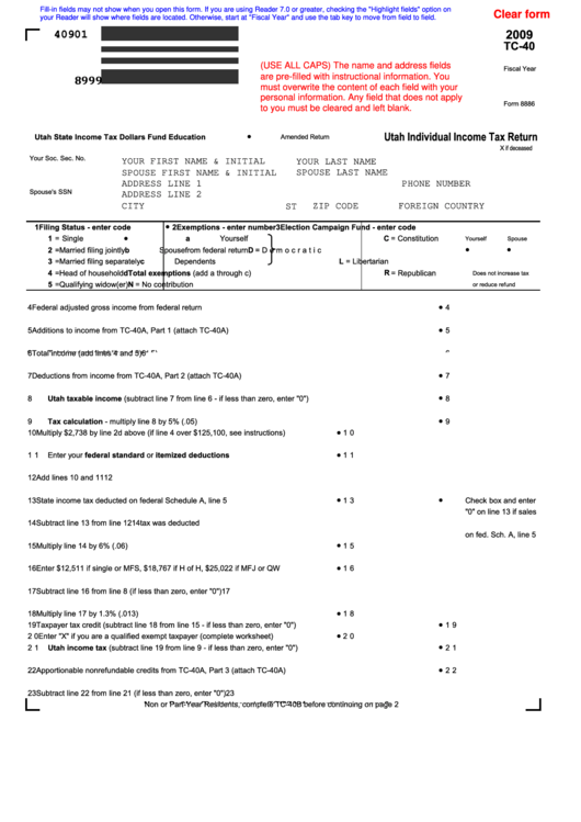 Fillable Form Tc 40 Utah Individual Income Tax Return 2009 Printable Pdf Download 4984