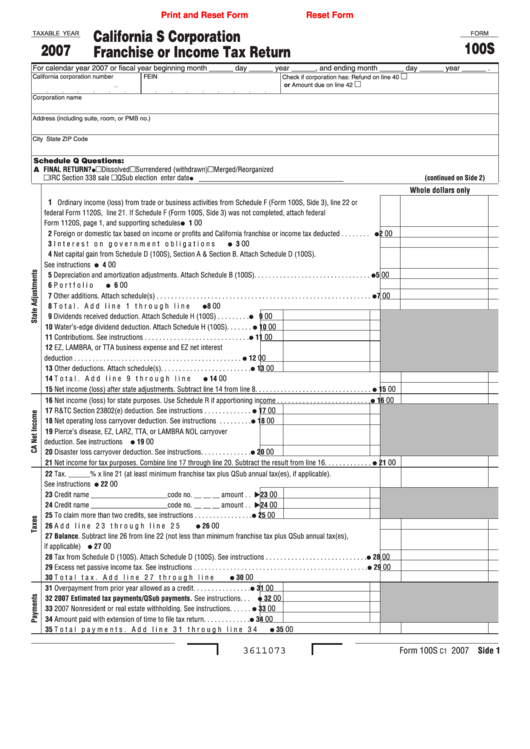 Fillable Form 100s - California S Corporation Franchise Or Income Tax Return - 2007 Printable pdf