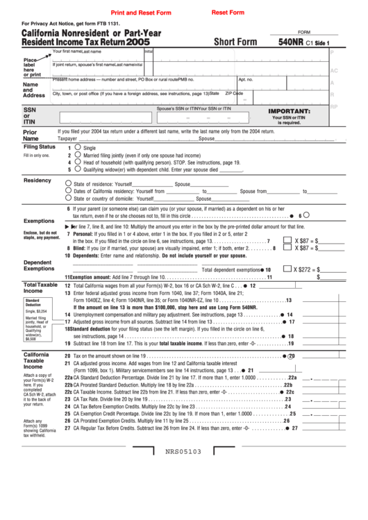 Fillable Form 540nr - California Nonresident Or Part-Year Resident Income Tax Return - 2005 Printable pdf