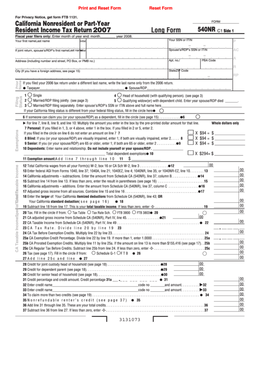 Fillable Form 540nr - California Nonresident Or Part-Year Resident Income Tax Return - 2007 Printable pdf