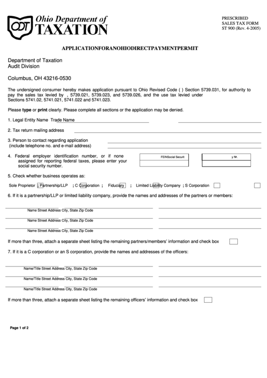 Form St 900 - Application For An Ohio Direct Payment Permit Printable pdf