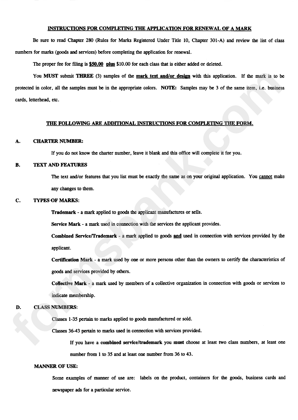 Instructions For Completing The Application For Renewal Of A Mark