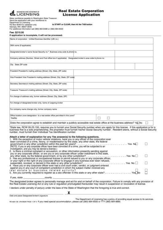 Fillable Form Re-620-135 - Real Estate Corporation License Application Printable pdf