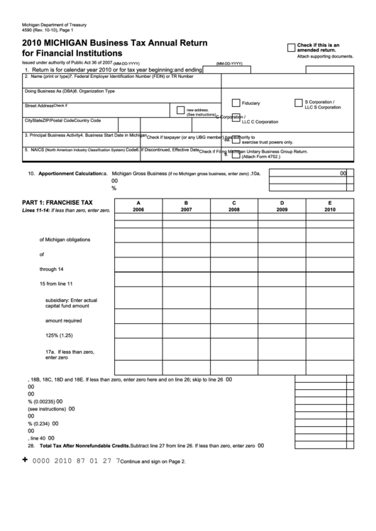 Form 4590 - Business Tax Annual Return For Financial Institutions - 2010 Printable pdf