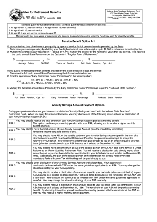 State Form 3240 - Calculator For Retirement Benefits Printable pdf