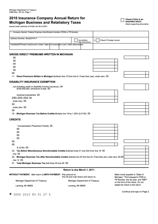 Form 4588 - Insurance Company Annual Return For Michigan Business And Retaliatory Taxes - 2010 Printable pdf