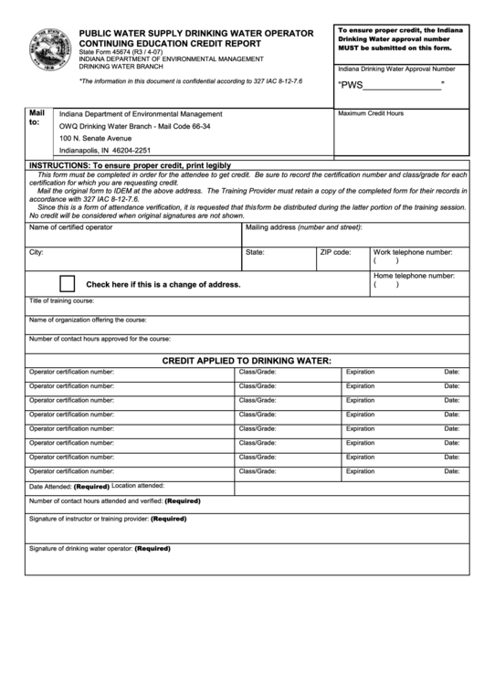 Form 45674 - Public Water Supply Drinking Water Operator Continuing Education Credit Report Printable pdf