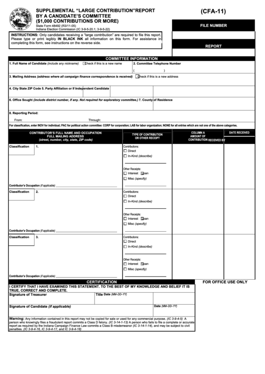 Form 48492 - Supplemental "Large Contribution"Report By A Candidate