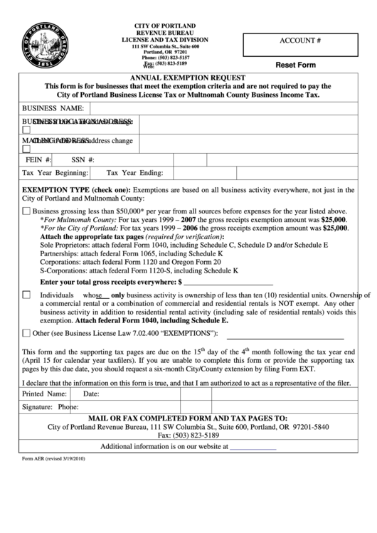 Fillable Form Aer - Annual Exemption Request Printable pdf
