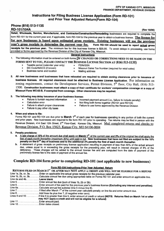 Form Rd-101/rd-104 Instructions For Filing Business License Application/prior Year Adjusted Return Printable pdf